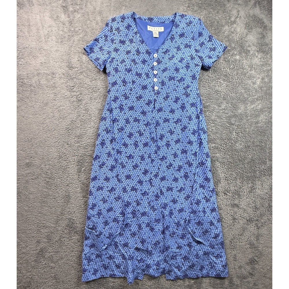 Petite Sophisticate 100% Silk Blue Floral Print Midi Dress Size 6 Boho Hippie